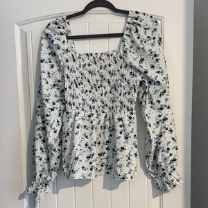 SHEIN White and Blue Floral Smocked Blouse